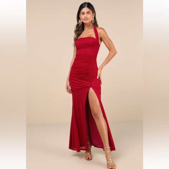 Berry Ruched Halter Maxi Dress - Picture 1 of 6